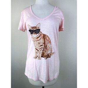 PJ Salvage Pink Cat Graphic Tee Sunglasses Soft Slub V Neck Medium NWOT Kitschy